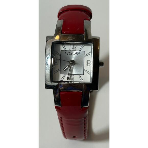 Kenneth Cole Reaction Women’s Red Leather Strap Square Watch – Silver Dial - Picture 1 of 8